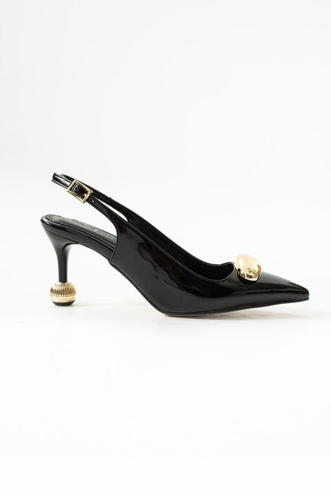 Vegan Deri Stiletto – 7cm İnce Topuklu Gold Detaylı Şık Günlük ve Ofis Uyumlu Kadın Ayakkabı