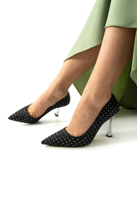 İnci Detaylı Şeffaf Topuklu Stiletto – Mavi Jean Kumaş Lüks Kadın Ayakkabı