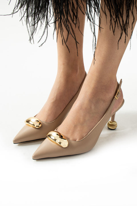 Vegan Deri Stiletto – 7cm İnce Topuklu Gold Detaylı Şık Günlük ve Ofis Uyumlu Kadın Ayakkabı