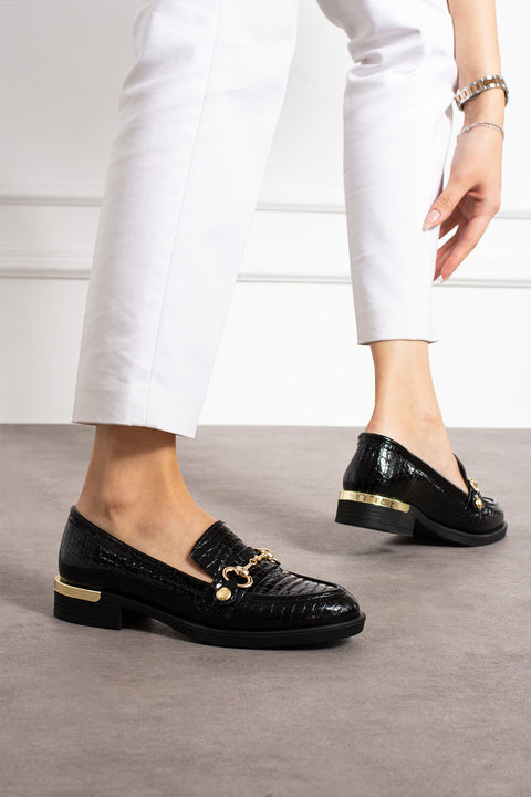 Timsah Desenli Tokalı Kadın Loafer – Değiştirilebilir Altın Tokalı, Suni Deri, Rahat ve Günlük Klasik Model