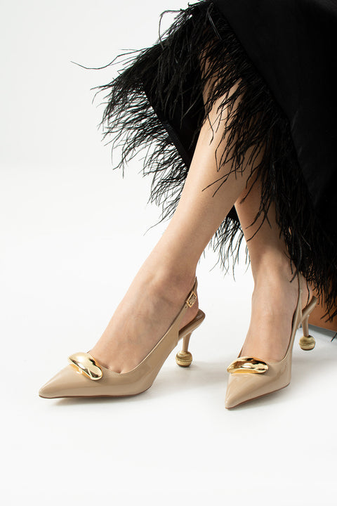 Vegan Deri Stiletto – 7cm İnce Topuklu Gold Detaylı Şık Günlük ve Ofis Uyumlu Kadın Ayakkabı