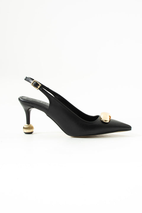 Vegan Deri Stiletto – 7cm İnce Topuklu Gold Detaylı Şık Günlük ve Ofis Uyumlu Kadın Ayakkabı