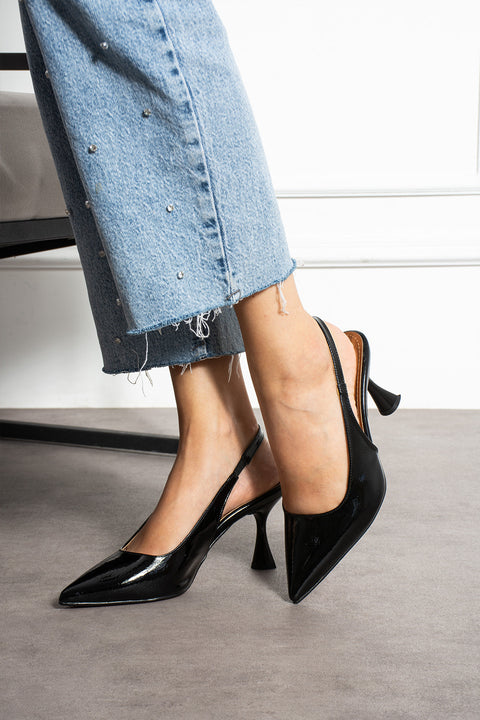 Rugan Sivri Burun Açık Yan Bantlı İnce Topuklu Kadın Stiletto Abiye Ayakkabı