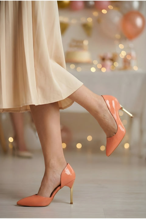 Rugan 9 Cm Altın Kaplama Kadın Topuklu Stiletto Ayakkabı Vegan Deri Günlük ve Özel Gün