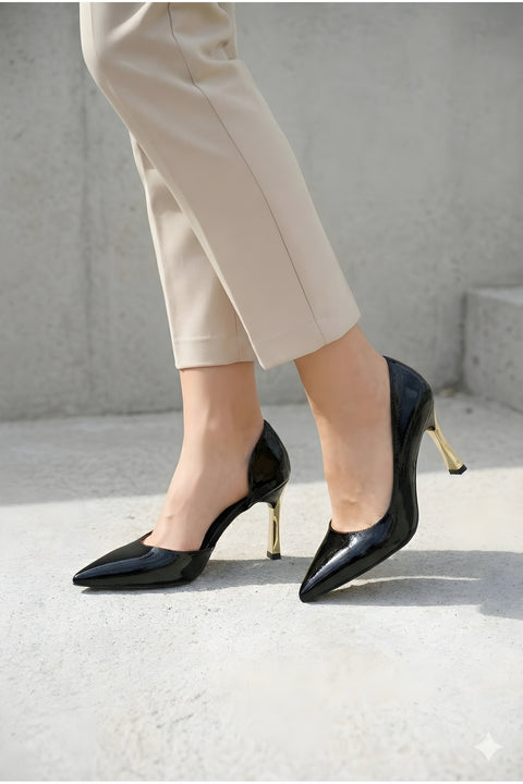 Rugan 9 Cm Altın Kaplama Kadın Topuklu Stiletto Ayakkabı Vegan Deri Günlük ve Özel Gün