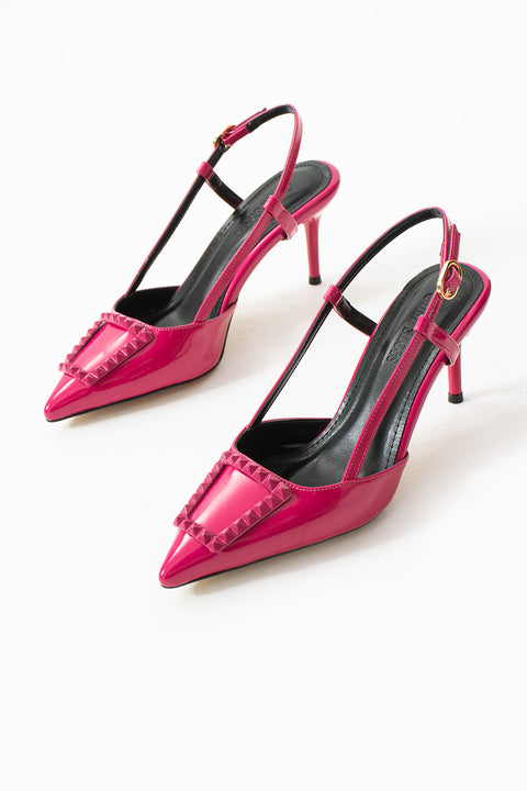 Parlak Bej Stiletto |Vegan Deri,7cm Topuklu, Bilekten Bantlı,Tokalı Sivri Burun Şık Topuklu Ayakkabı