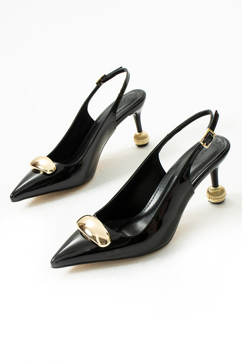 Vegan Deri Stiletto – 7cm İnce Topuklu Gold Detaylı Şık Günlük ve Ofis Uyumlu Kadın Ayakkabı