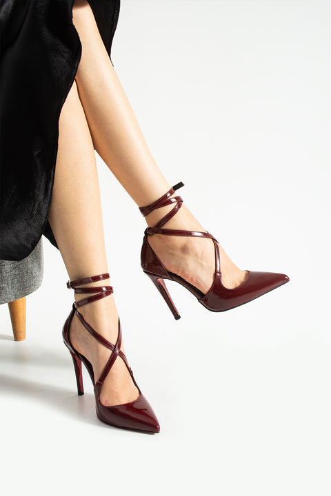 Rugan Bilekten Bağlamalı Sivri Burun Yüksek İnce Topuklu Kadın Stiletto Ayakkabı