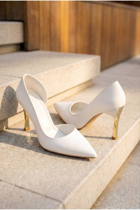 Rugan 9 Cm Altın Kaplama Kadın Topuklu Stiletto Ayakkabı Vegan Deri Günlük ve Özel Gün