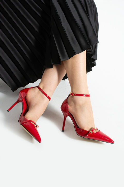 Parlak Kırışık Vegan Deri Stiletto – 9cm İnce Topuklu Sivri Burun Şık Kadın Ayakkabı