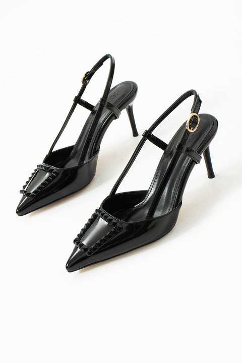 Parlak Bej Stiletto |Vegan Deri,7cm Topuklu, Bilekten Bantlı,Tokalı Sivri Burun Şık Topuklu Ayakkabı