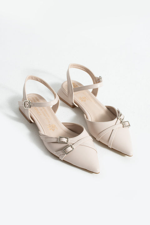 Bilekten Bağlamalı Çift Tokalı Sivri Burun Düşük Topuk Kadın Ayakkabı