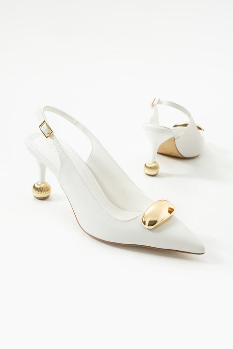 Vegan Deri Stiletto – 7cm İnce Topuklu Gold Detaylı Şık Günlük ve Ofis Uyumlu Kadın Ayakkabı