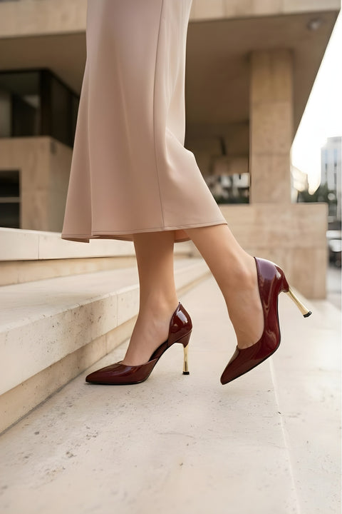 Rugan 9 Cm Altın Kaplama Kadın Topuklu Stiletto Ayakkabı Vegan Deri Günlük ve Özel Gün