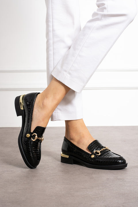 Timsah Desenli Tokalı Kadın Loafer – Değiştirilebilir Altın Tokalı, Suni Deri, Rahat ve Günlük Klasik Model