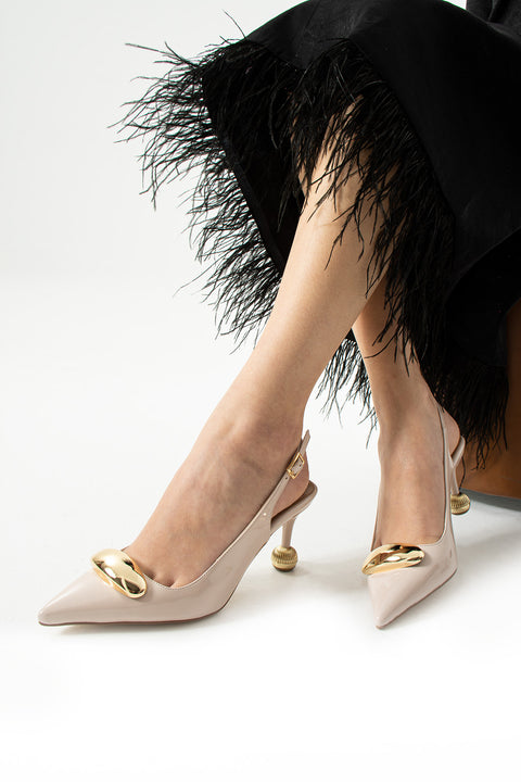 Vegan Deri Stiletto – 7cm İnce Topuklu Gold Detaylı Şık Günlük ve Ofis Uyumlu Kadın Ayakkabı