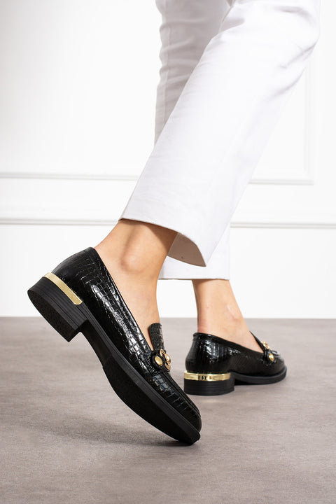 Timsah Desenli Tokalı Kadın Loafer – Değiştirilebilir Altın Tokalı, Suni Deri, Rahat ve Günlük Klasik Model