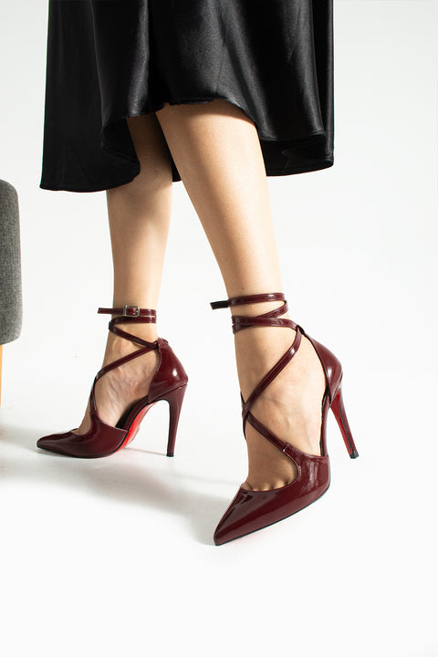 Rugan Bilekten Bağlamalı Sivri Burun Yüksek İnce Topuklu Kadın Stiletto Ayakkabı