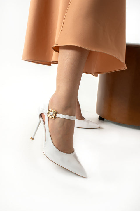 Stiletto – Bilekten Tokalı, Beyaz İnce Topuklu, Sivri Burunlu Rahat Kalıp Kadın Topuklu Ayakkabı