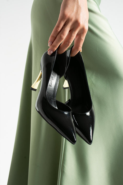 Rugan 9 Cm Altın Kaplama Kadın Topuklu Stiletto Ayakkabı Vegan Deri Günlük ve Özel Gün