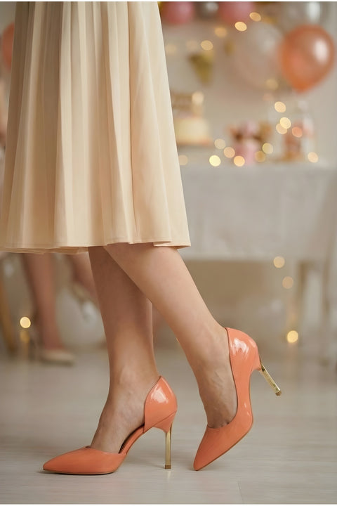 Rugan 9 Cm Altın Kaplama Kadın Topuklu Stiletto Ayakkabı Vegan Deri Günlük ve Özel Gün