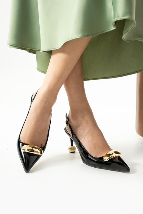 Vegan Deri Stiletto – 7cm İnce Topuklu Gold Detaylı Şık Günlük ve Ofis Uyumlu Kadın Ayakkabı