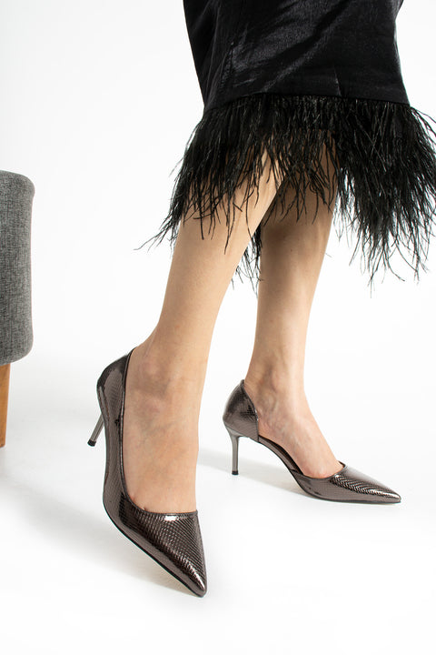 Yılan Derisi Desenli Vegan Deri Stiletto – 7cm İnce Topuklu Sivri Burun Şık Kadın Ayakkabı
