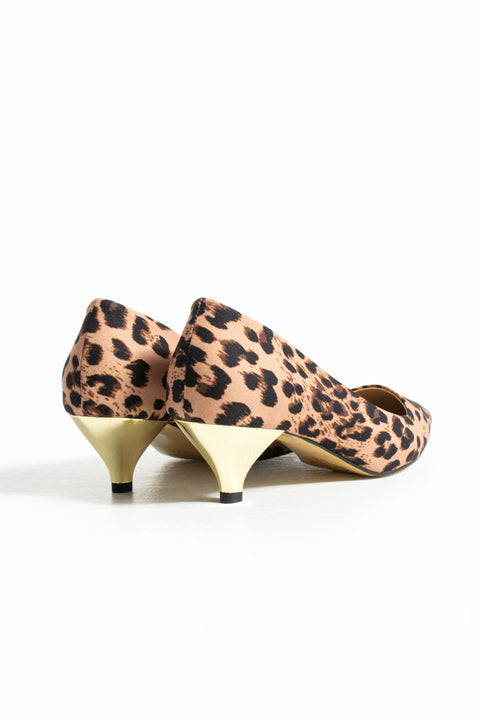 Saten Leopar Desenli Vegan Deri Stiletto – Altın Topuklu, 6 cm İnce Topuk, Sivri Burunlu, Zarif ve Şık Klasik Model