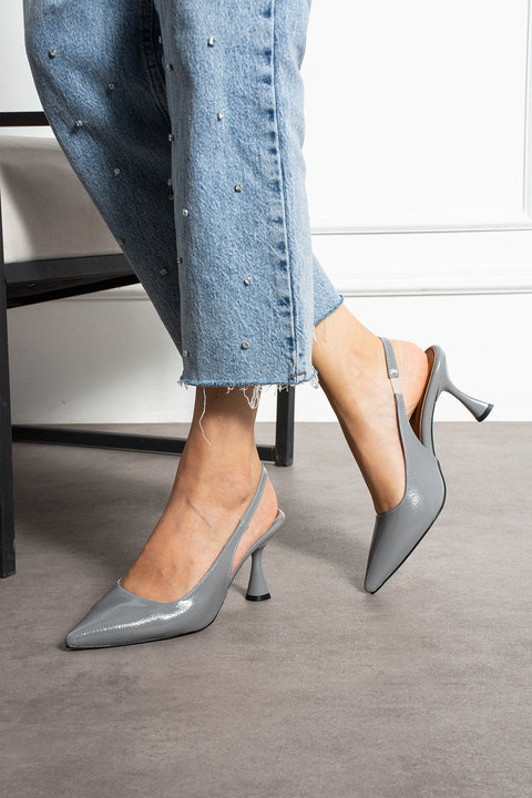 Rugan Sivri Burun Açık Yan Bantlı İnce Topuklu Kadın Stiletto Abiye Ayakkabı