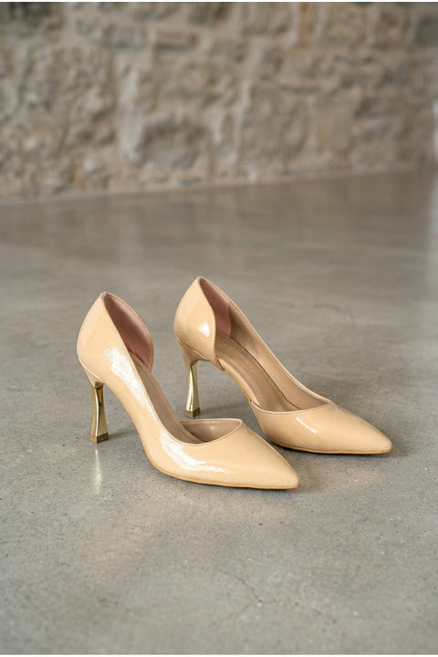 Rugan 9 Cm Altın Kaplama Kadın Topuklu Stiletto Ayakkabı Vegan Deri Günlük ve Özel Gün