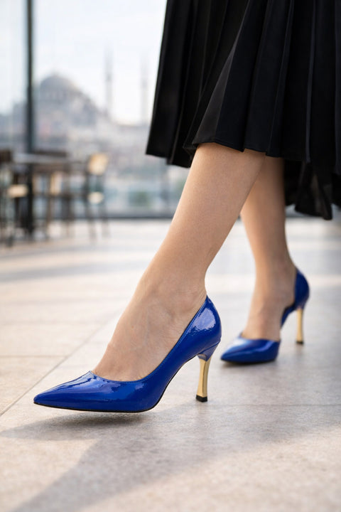 Rugan 9 Cm Altın Kaplama Kadın Topuklu Stiletto Ayakkabı Vegan Deri Günlük ve Özel Gün