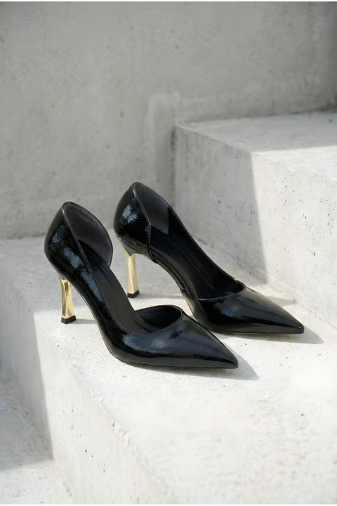 Rugan 9 Cm Altın Kaplama Kadın Topuklu Stiletto Ayakkabı Vegan Deri Günlük ve Özel Gün