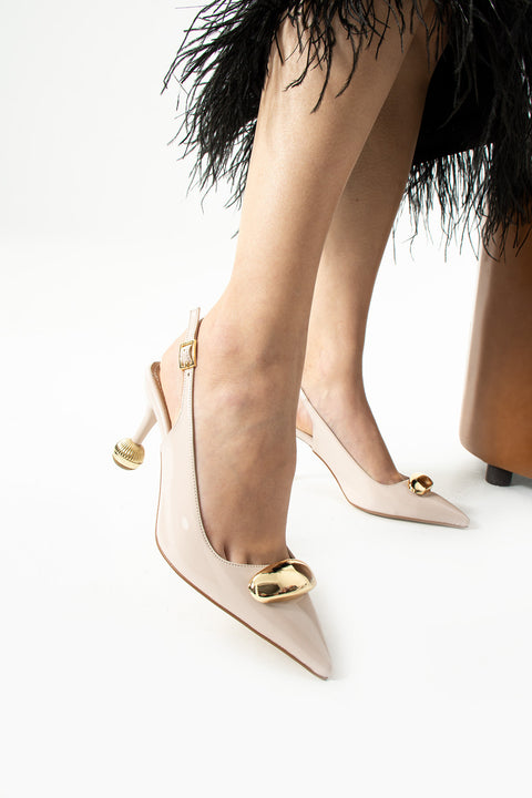 Vegan Deri Stiletto – 7cm İnce Topuklu Gold Detaylı Şık Günlük ve Ofis Uyumlu Kadın Ayakkabı