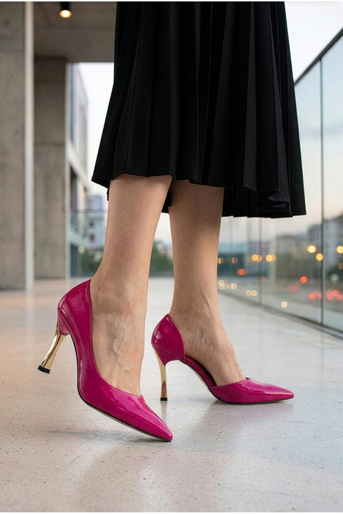 Rugan 9 Cm Altın Kaplama Kadın Topuklu Stiletto Ayakkabı Vegan Deri Günlük ve Özel Gün