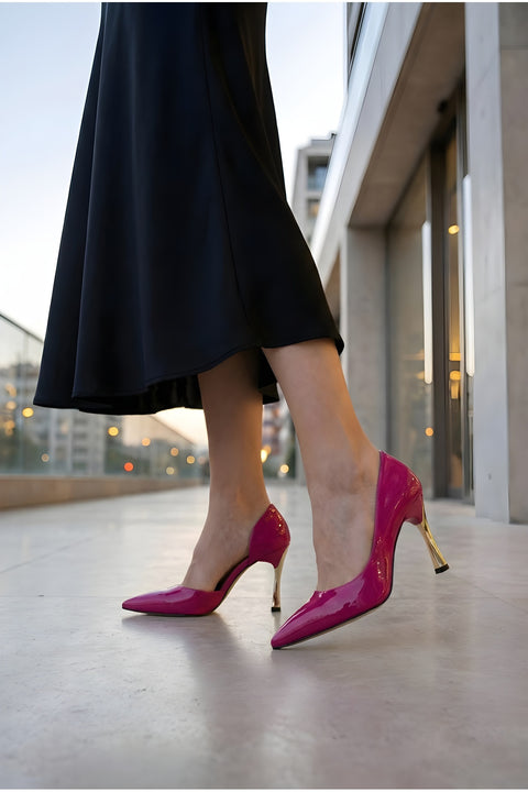Rugan 9 Cm Altın Kaplama Kadın Topuklu Stiletto Ayakkabı Vegan Deri Günlük ve Özel Gün