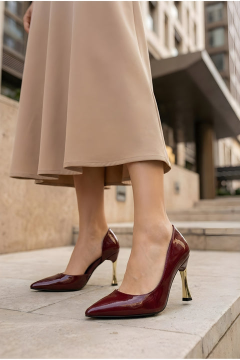 Rugan 9 Cm Altın Kaplama Kadın Topuklu Stiletto Ayakkabı Vegan Deri Günlük ve Özel Gün