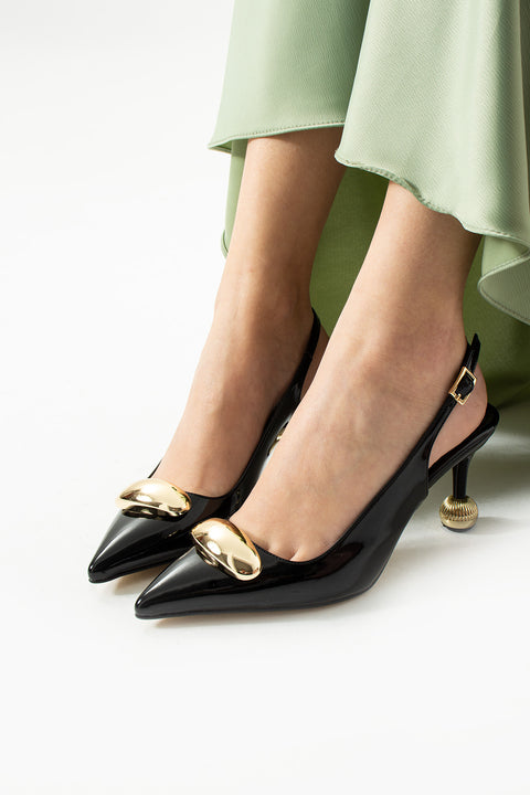 Vegan Deri Stiletto – 7cm İnce Topuklu Gold Detaylı Şık Günlük ve Ofis Uyumlu Kadın Ayakkabı
