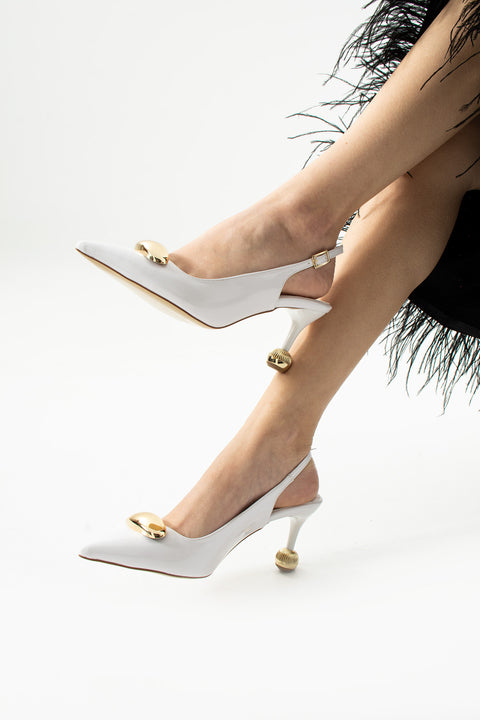 Vegan Deri Stiletto – 7cm İnce Topuklu Gold Detaylı Şık Günlük ve Ofis Uyumlu Kadın Ayakkabı