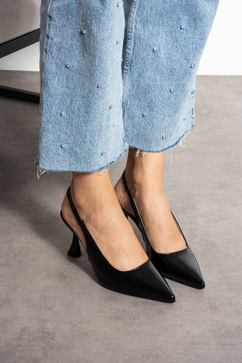 Rugan Sivri Burun Açık Yan Bantlı İnce Topuklu Kadın Stiletto Abiye Ayakkabı
