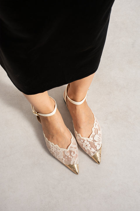 Krem Dantel İşlemeli Slingback Kadın Babet – Sivri Burun, Bilekten Bantlı Zarif Model