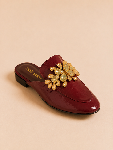 Taş İşlemeli Çiçek Detaylı Rugan Slip-On Terlik
