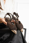 Kahverengi Dantel İşlemeli Slingback Kadın Babet